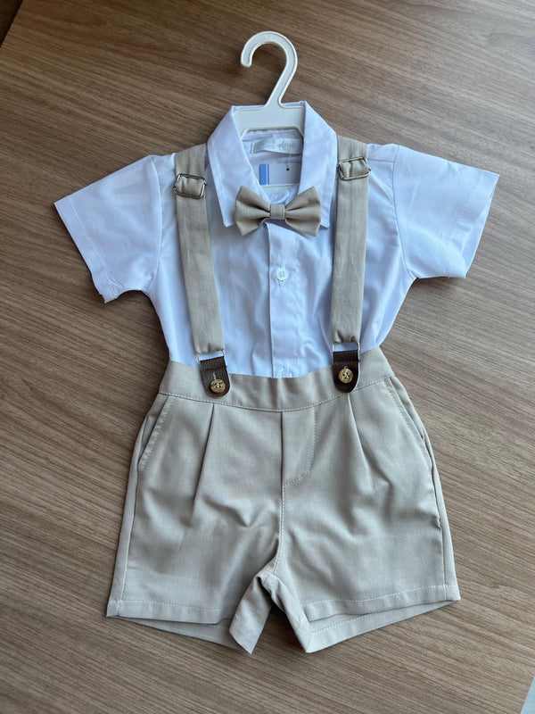 CONJUNTO BODY MANGA CURTA BATIZADO SUSPENSORIO GRAVATA BORBOLETA E BERMUDA MENINO POLO INFANTI