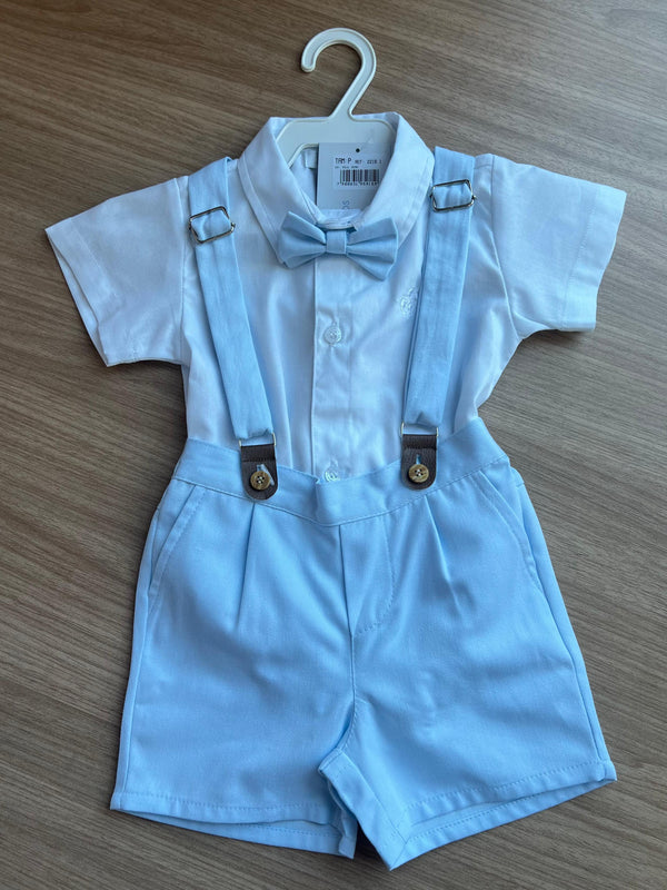 CONJUNTO BODY MANGA CURTA BATIZADO SUSPENSORIO GRAVATA BORBOLETA E BERMUDA MENINO POLO INFANTI