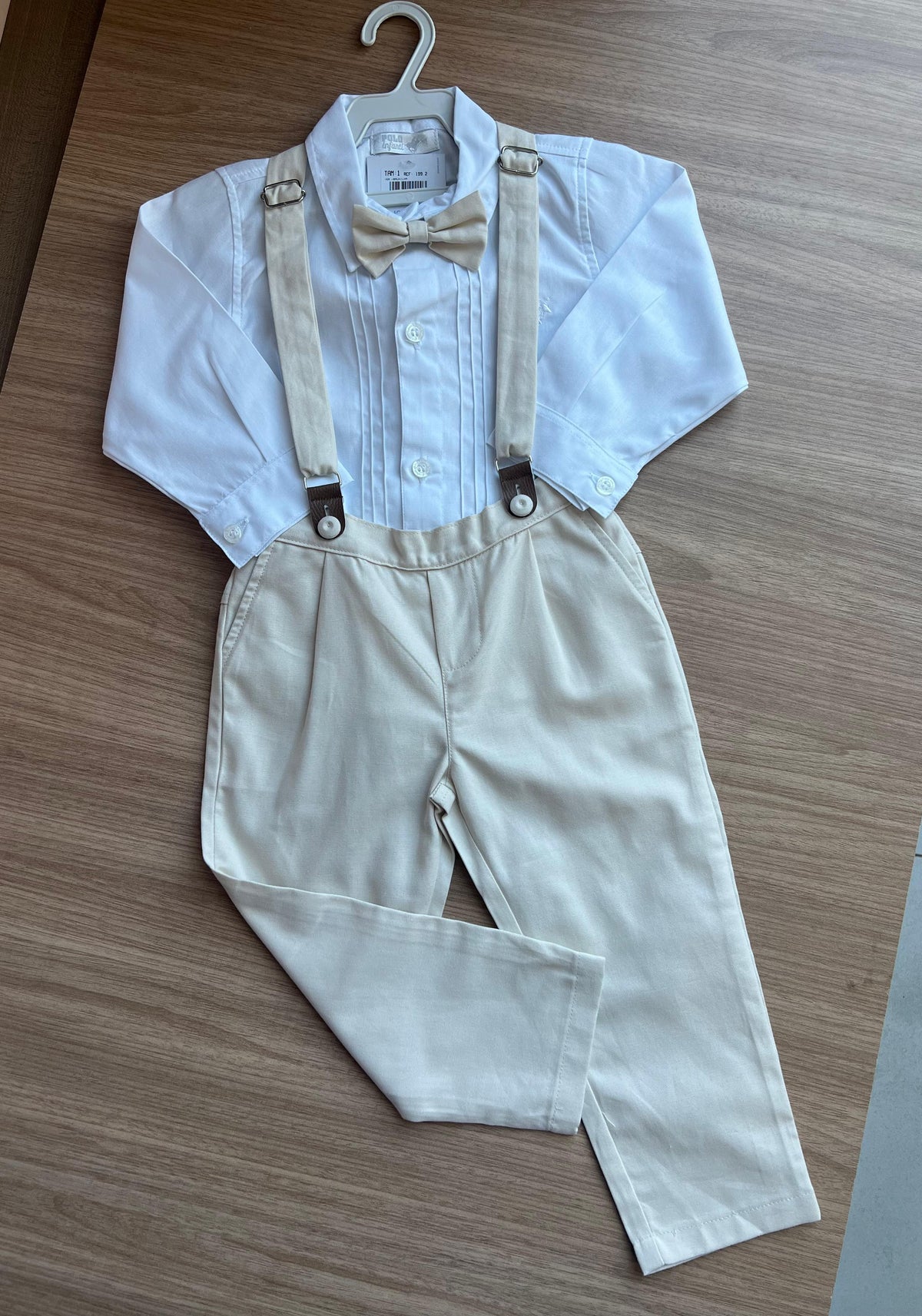 CONJUNTO CAMISA MANGA LONGA BATIZADO SUSPENSORIO GRAVATA BORBOLETA E CALÇA MENINO POLO INFANTI