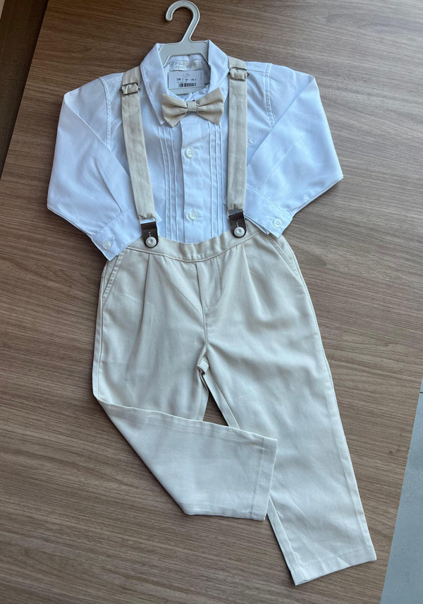 CONJUNTO CAMISA MANGA LONGA BATIZADO SUSPENSORIO GRAVATA BORBOLETA E CALÇA MENINO POLO INFANTI