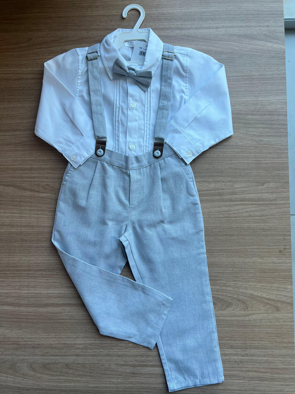 CONJUNTO CAMISA MANGA LONGA BATIZADO SUSPENSORIO GRAVATA BORBOLETA E CALÇA MENINO POLO INFANTI