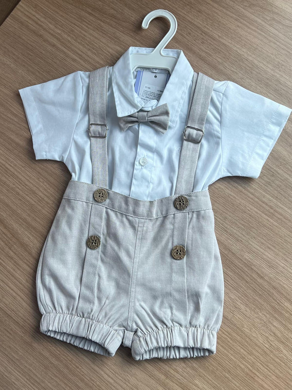 CONJUNTO BODY CAMISA MANGA CURTA BATIZADO SUSPENSORIO GRAVATA BORBOLETA E BERMUDA MENINO POLO INFANTI