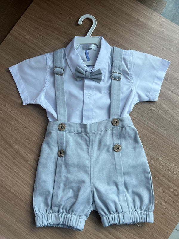 CONJUNTO BODY CAMISA MANGA CURTA BATIZADO SUSPENSORIO GRAVATA BORBOLETA E BERMUDA MENINO POLO INFANTI
