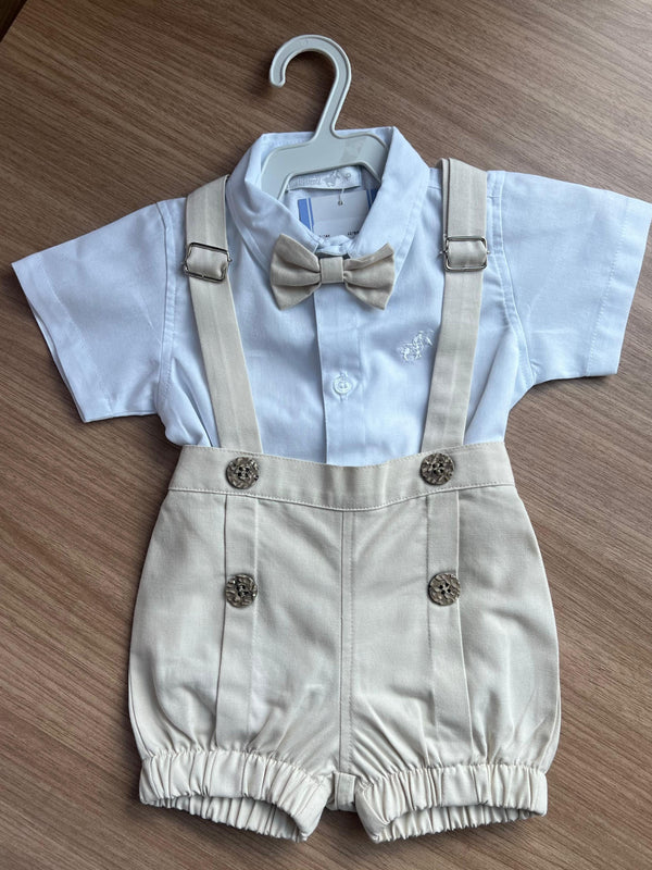 CONJUNTO BODY CAMISA MANGA CURTA BATIZADO SUSPENSORIO GRAVATA BORBOLETA E BERMUDA MENINO POLO INFANTI