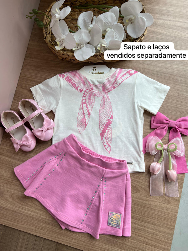 CONJUNTO BLUSA MANGA CURTA LENÇO E SAIA SHORT MENINA ANIME