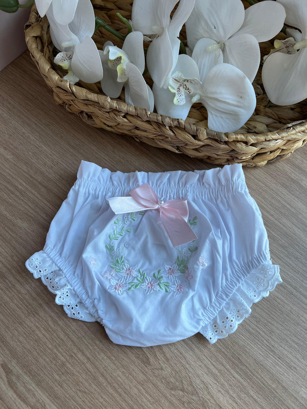 CALCINHA EM TRICOLINE FLORES E BORBOLETAS BORDADAS COM LAÇO LAISE MENINA ROCICLÊ