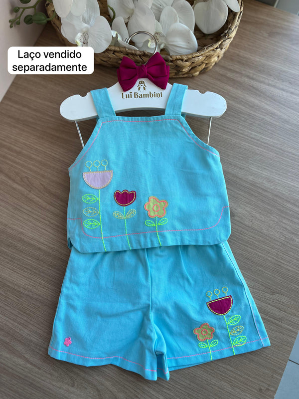 CONJUNTO BLUSA ALÇA BOTÕES FLORES BORDADAS E SHORT MENINA MON SUCRÉ