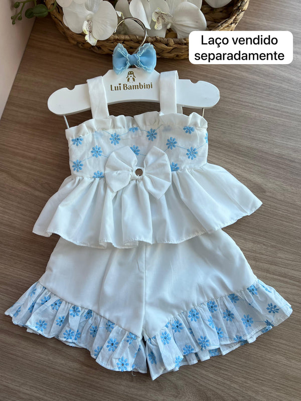 CONJUNTO BLUSA ALÇA LAÇO FLORES BORDADAS E SAIA BABADO MENINA MON SUCRÉ