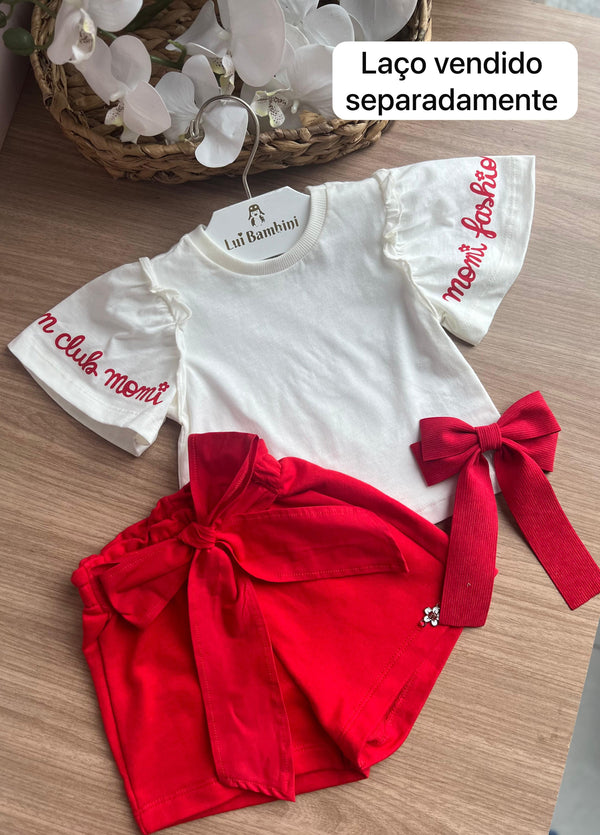 CONJUNTO BLUSA MANGA CURTA BABADO FASHION CLUB E SHORT CINTO LAÇO MENINA MOMI