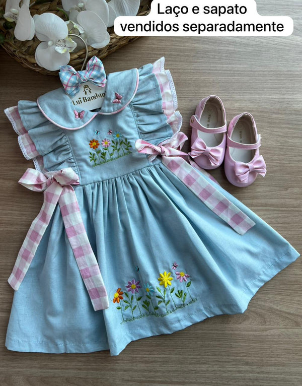 VESTIDO REGATA BABADO GOLA BORBOLETA BORDADO FLORES LAÇO DUPLO XADREZ BOTÕES COSTAS MENINA LUI BAMBINI
