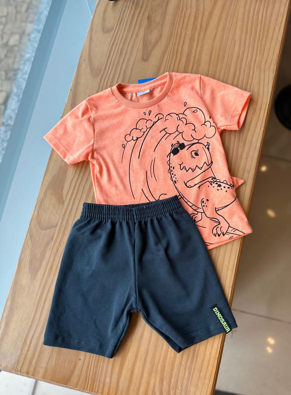 CONJUNTO CAMISETA MANGA CURTA DINO SURFISTA COM BERMUDA MOLETINHO  MENINO FAKINI