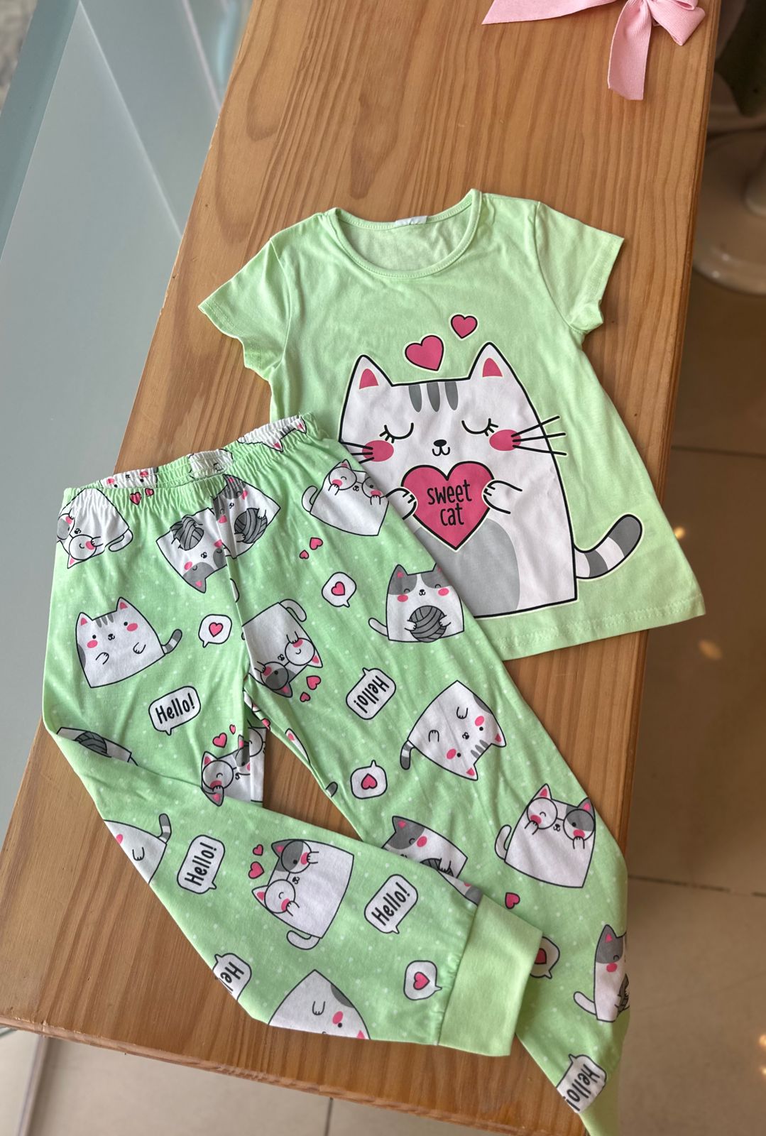 CONJUNTO PIJAMA BLUSA MANGA CURTA E CALÇA GATINHA SWEET CAT POÁ MENINA KYLY