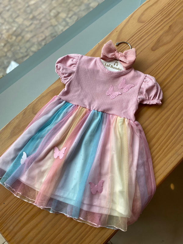 VESTIDO MANGA CURTA CONTO DE FADAS COM TULE BORBOLETAS E STRASS MENINA KUKIE