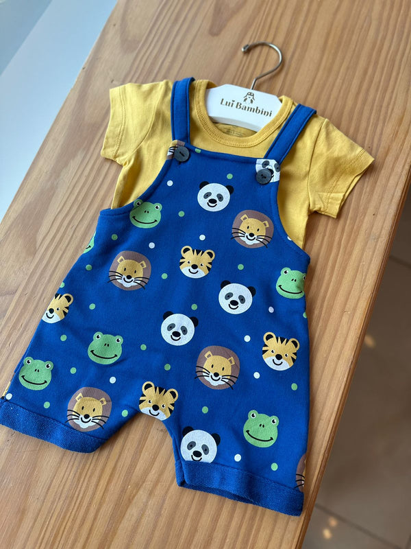 CONJUNTO CAMISETA MANGA CURTA LISA E JARDINEIRA ANIMAIS POÁ MENINO BICHO BAGUNÇA