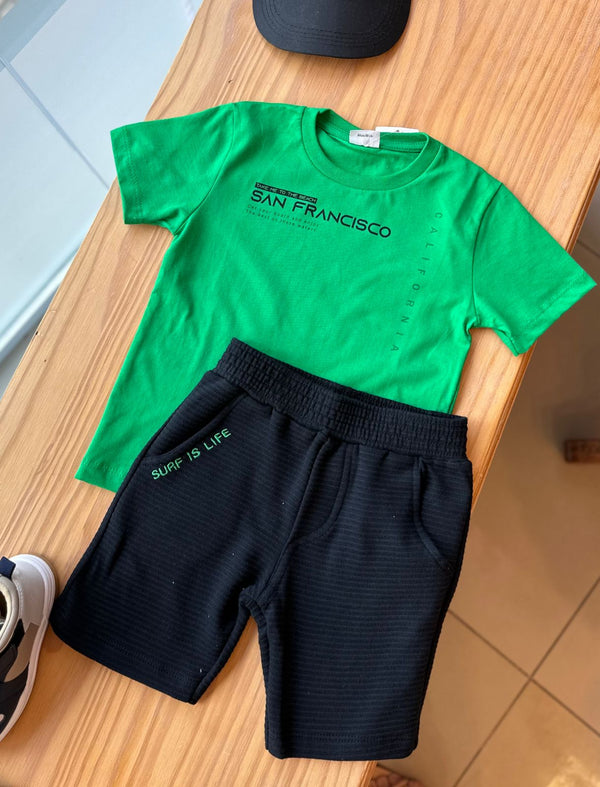 CONJUNTO CAMISETA MANGA CURTA SAN FRANCISCO E BERMUDA CANELADA SURF MENINO FAKINI