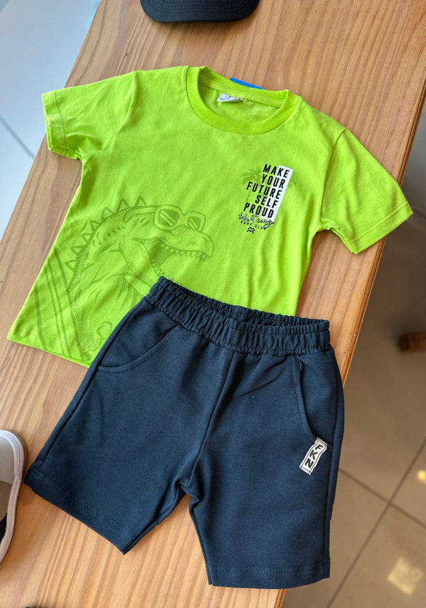 CONJUNTO CAMISETA MANGA CURTA DINOSSAURO ÓCULOS E BERMUDA BOLSOS MENINO FAKINI
