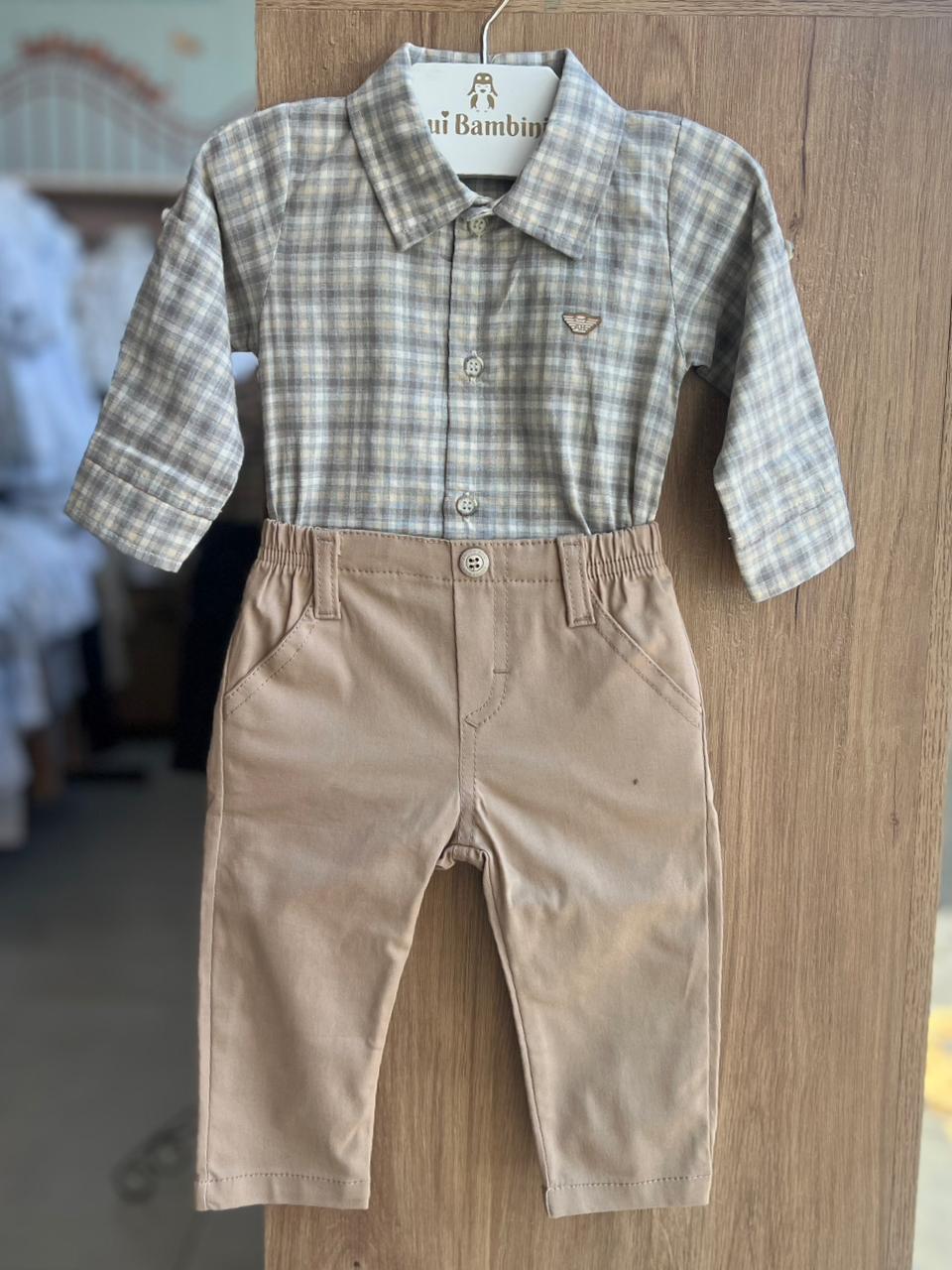CONJUNTO BODY MANGA LONGA XADREZ E CALÇA SARJA MENINO ANJOS BABY - BEGE