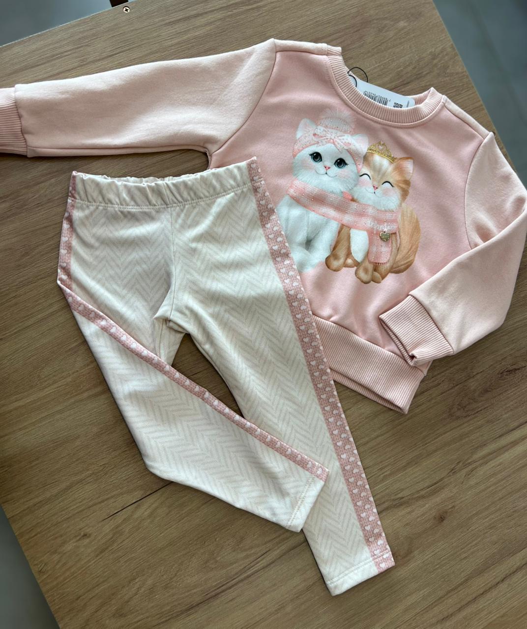CONJUNTO BLUSÃO MANGA LONGA GATINHAS DUPLA STRASS E CALÇA LEGGING MENINA INFANTI - ROSA/BEGE