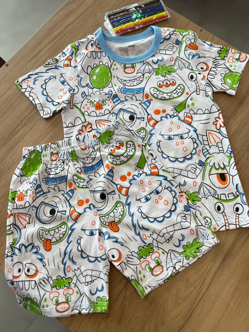 CONJUNTO PIJAMA BLUSA MANGA CURTA MONSTROS E BERMUDA MENINO VEGGI - BRANCO/AZUL