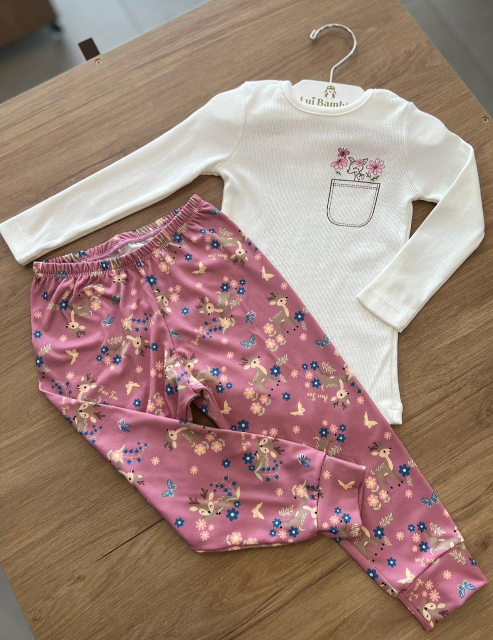 CONJUNTO PIJAMA BLUSA MANGA LONGA BOLSO FAKE FLORES BOSQUE ENCANTADO CANELADO E CALÇA LEGGING MENINA HAVE FUN - OFF/ROSA