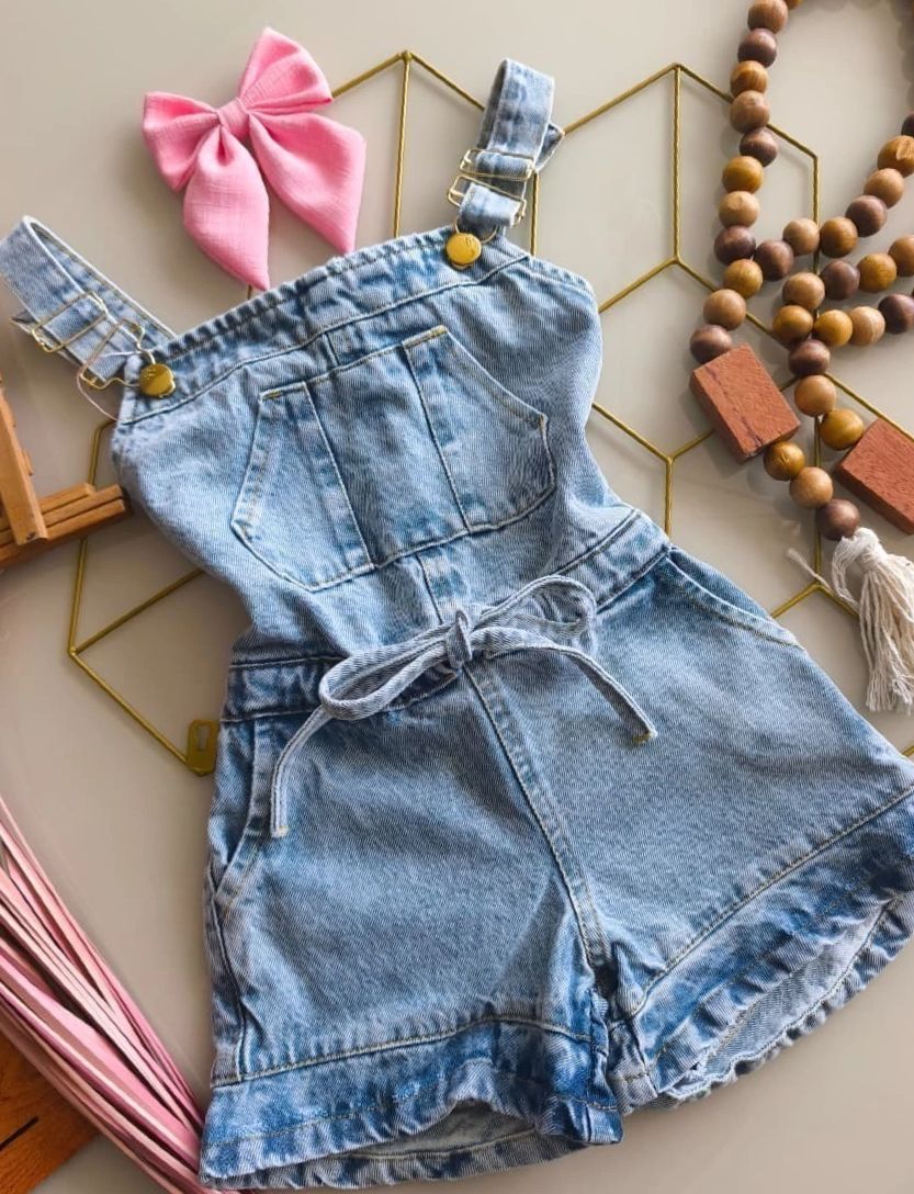 MACACÃO ALÇA AJUSTE BOTÕES BOLSO AMARRAÇÃO CINTURA MENINA LUI BAMBINI - JEANS