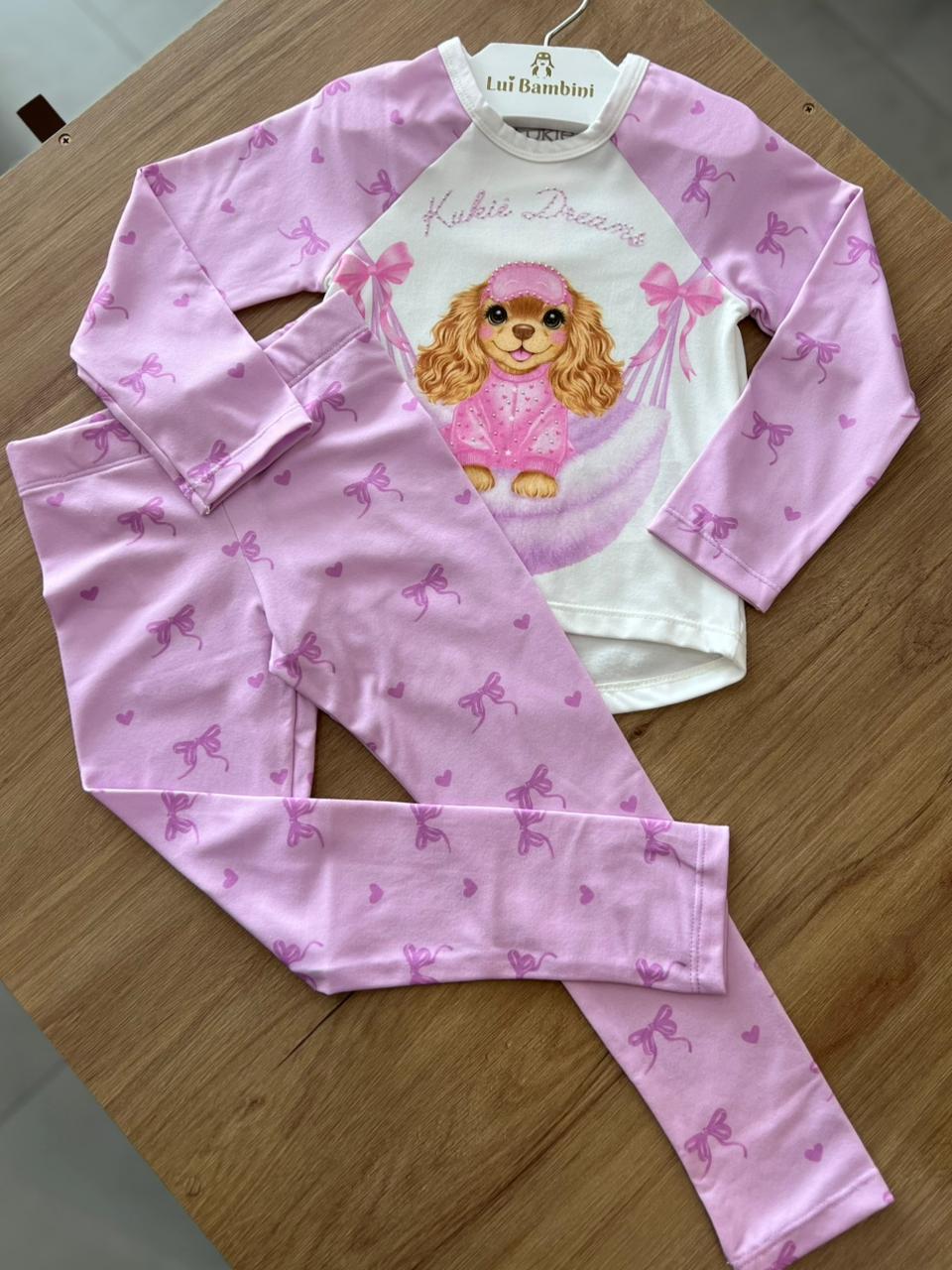 CONJUNTO PIJAMA BLUSA MANGA LONGA COMFY DREAMS STRASS CACHORRO E CALÇA MENINA KUKIÊ - OFF/LILÁS