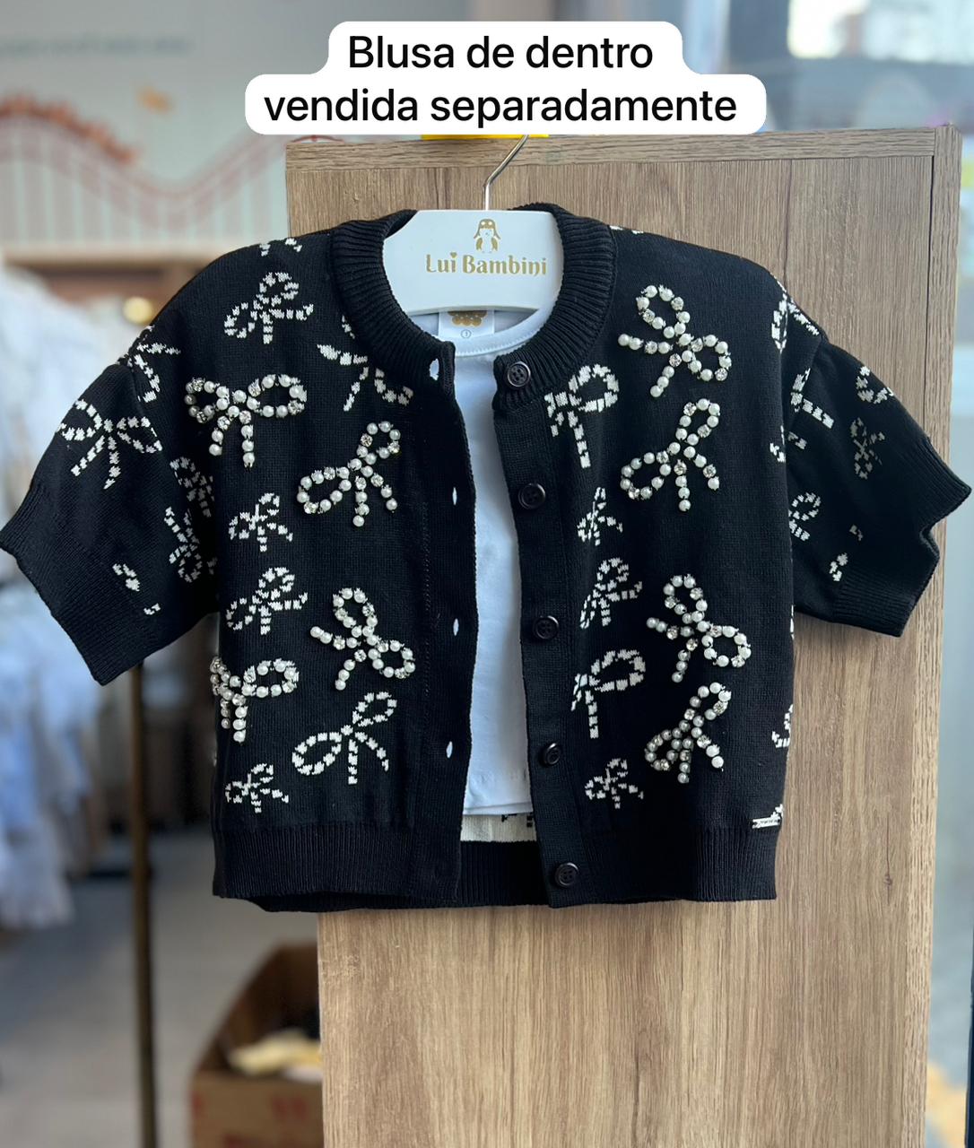 CASACO MANGA LONGA TRICOT CARDIGAN BORDADO PÉROLAS CRISTAIS BOTÕES MENINA PITUCHINHUS - PRETO