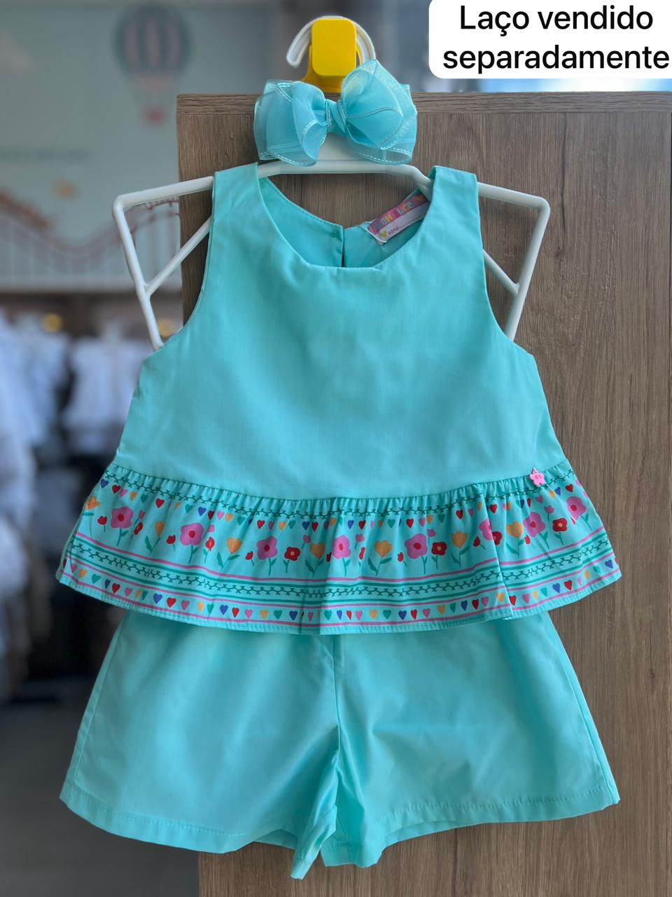 CONJUNTO BLUSA REGATA FLORES E SHORT MENINA MON SUCRÉ - AZUL