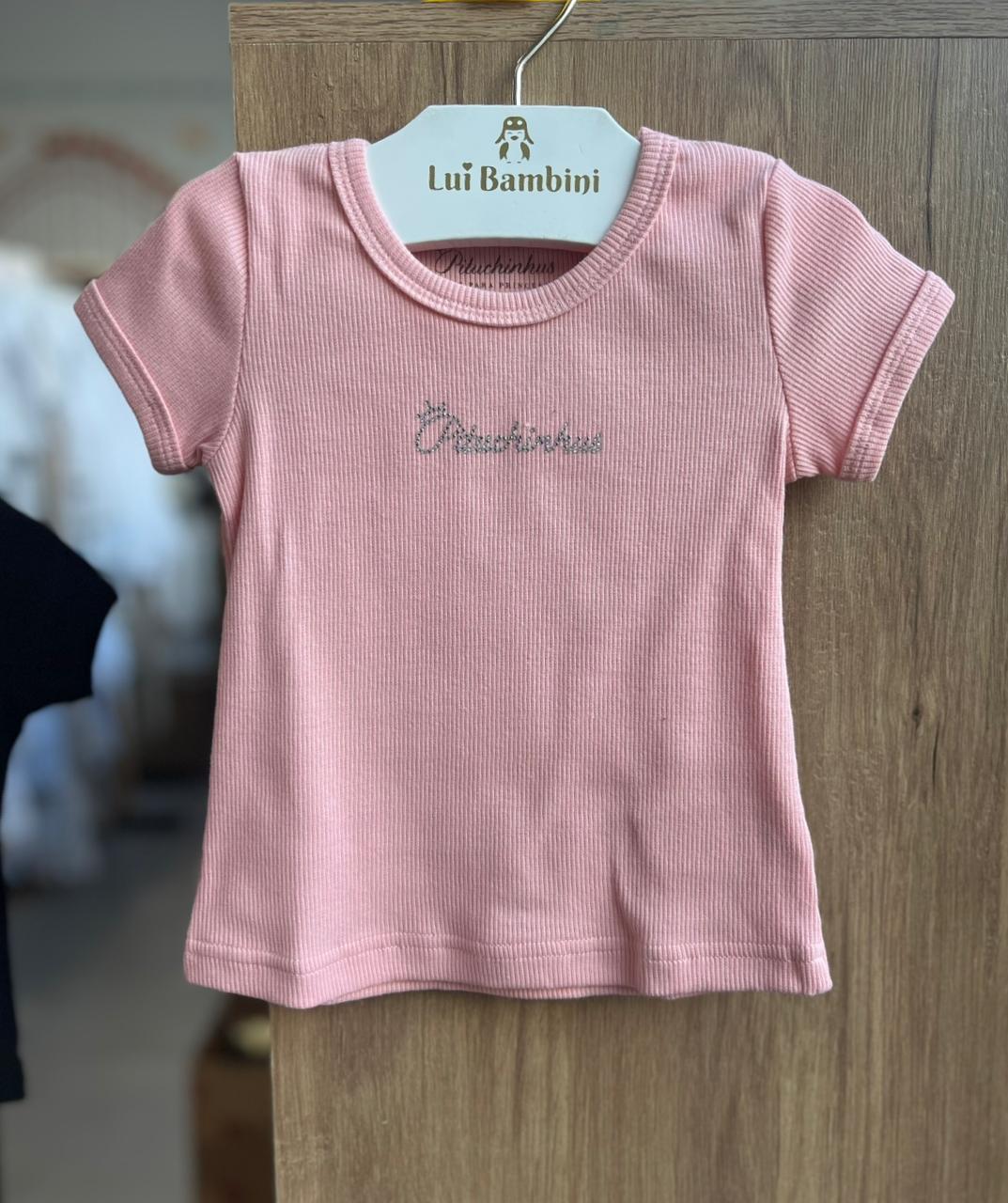 BLUSA MANGA CURTA RIBANA CANELADO NOMENCLATURA STRASS MENINA PITUCHINHUS - ROSA