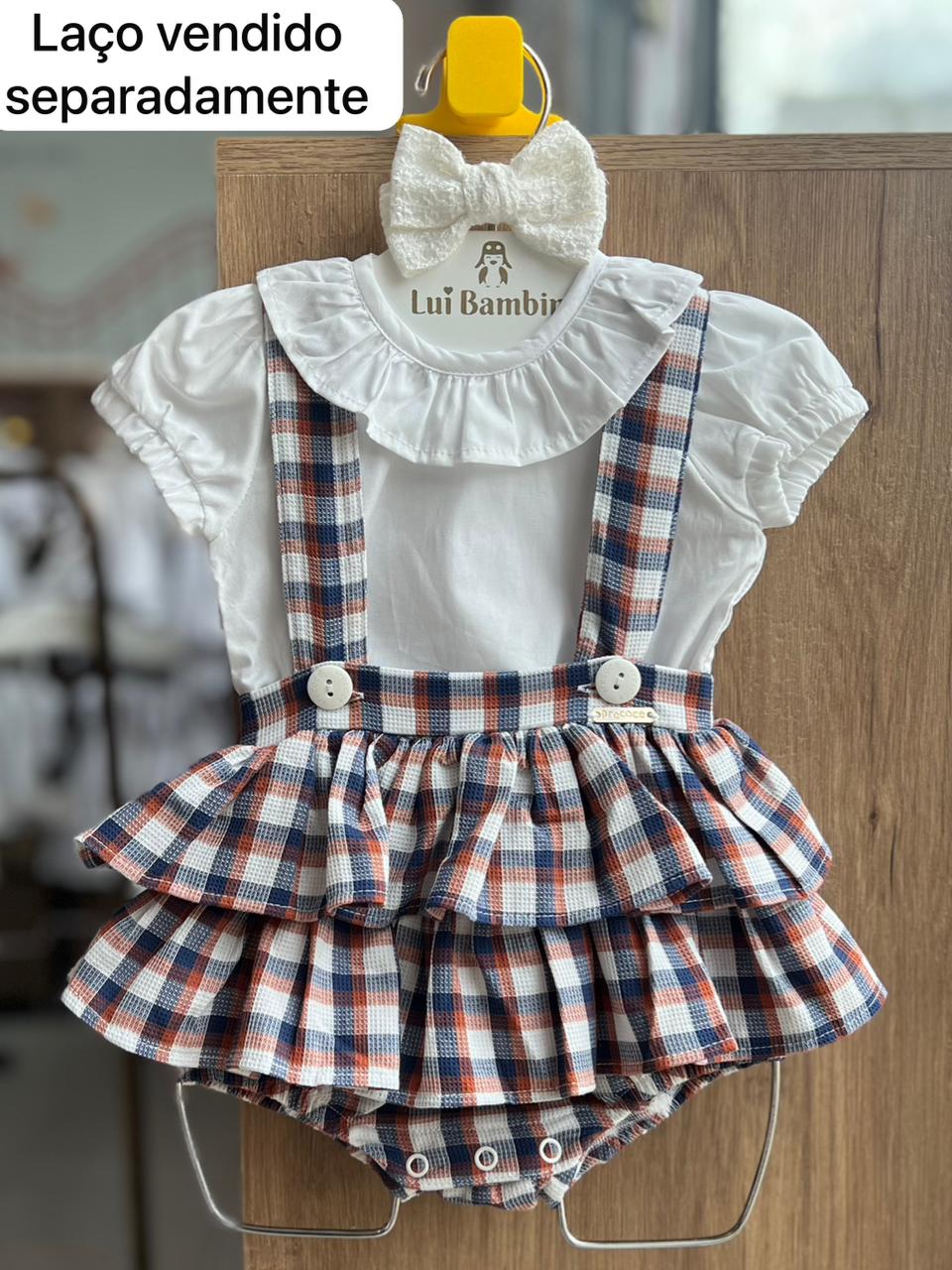 CONJUNTO BLUSA MANGA CURTA E SALOPETE XADREZ MENINA PRECOCE - BRANCO/MARINHO