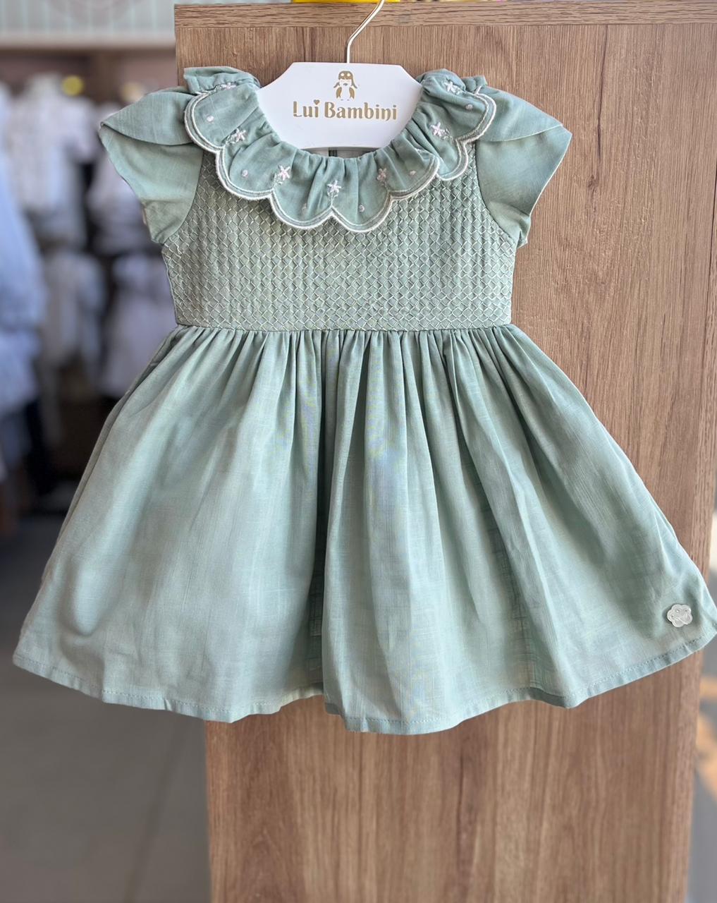VESTIDO MANGA CURTA MAQUINETADO BORDADO FLORES MENINA ANJOS BABY - VERDE