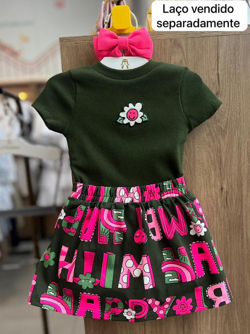 CONJUNTO BLUSA MANGA CURTA CANELADO PATCH FLOR E SAIA MENINA BIMBI - VERDE MUSGO