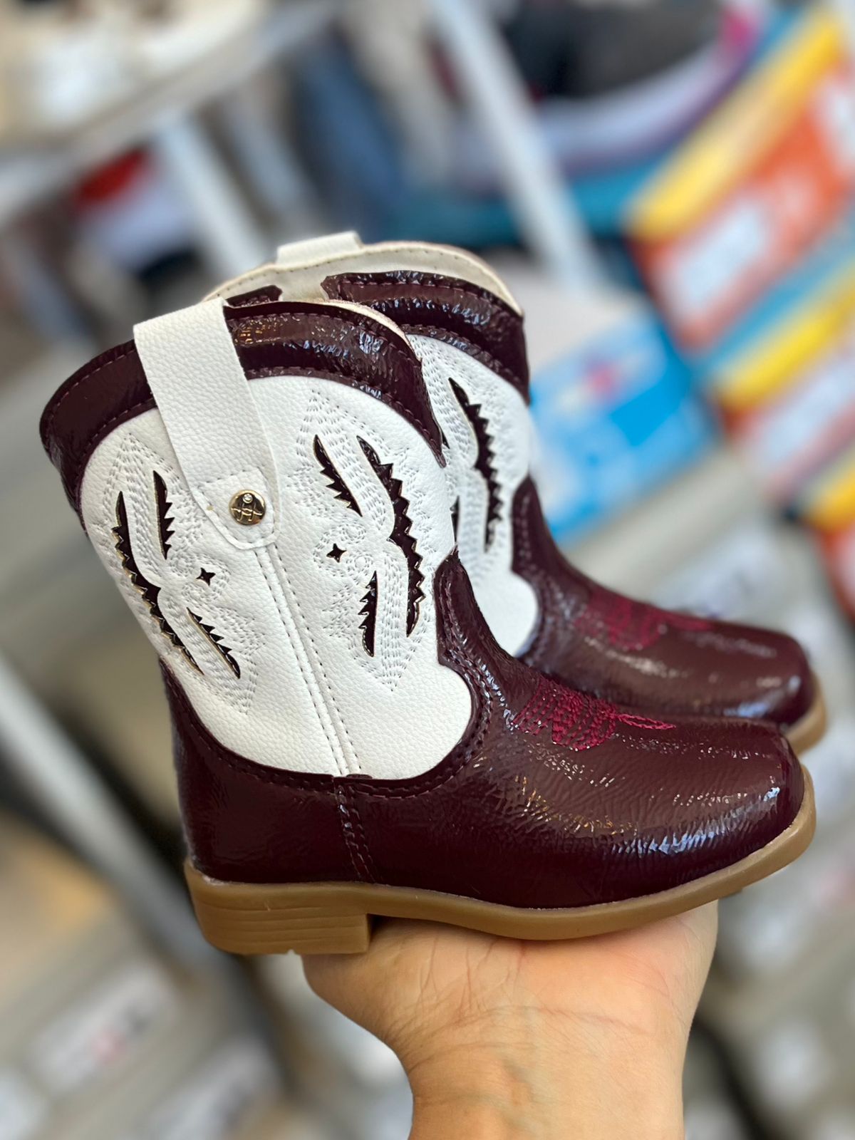 BOTA TEXANA ZÍPER BORDADO BOIADEIRA COWGIRL MENINA XUÁ XUÁ - BRANCO/VINHO