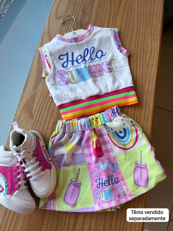 CONJUNTO BLUSA MANGA CURTA TULE POÁ LISTRAS E SHORT SAIA HELLO SUMMER MENINA LUI BAMBINI