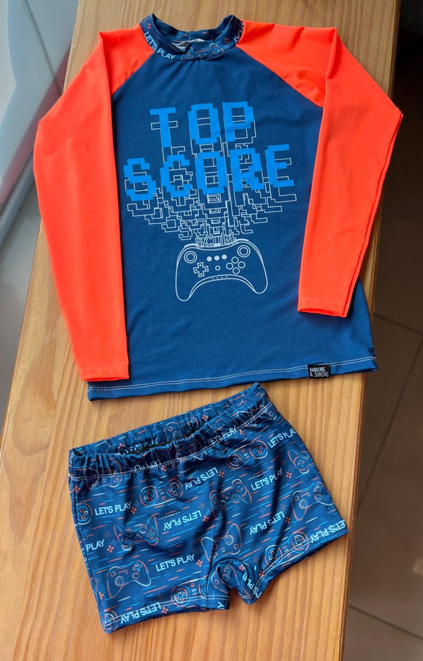 CONJUNTO CAMISETA MANGA LONGA E SUNGA BOXER VIDEO GAME UV50+ MENINO MARUJOS E SEREIAS