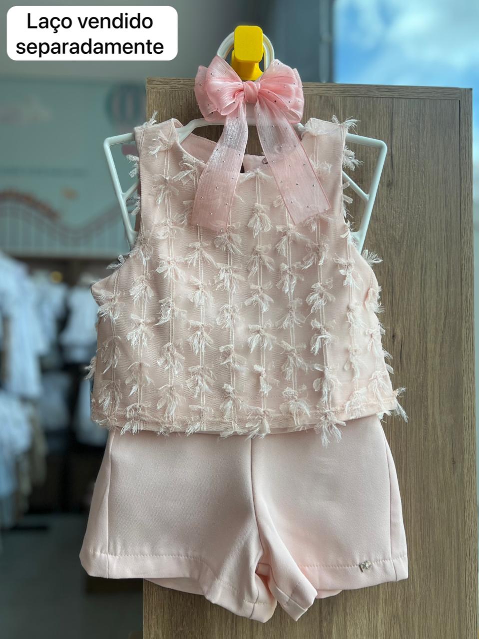 CONJUNTO BLUSA REGATA TULE E SHORT PINGENTE STRASS MENINA PETIT CHERIE - ROSA CLARO