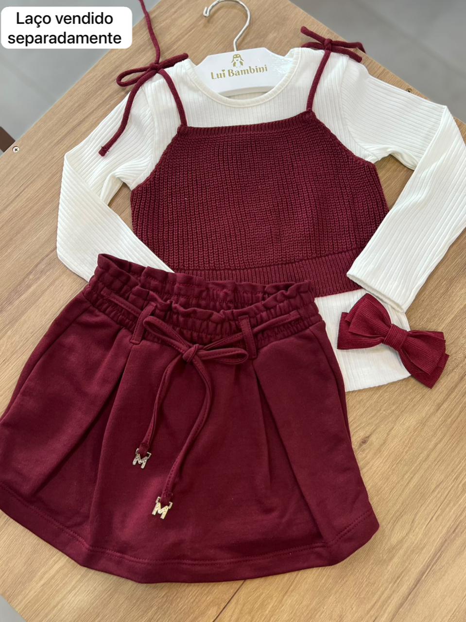 CONJUNTO BLUSA MANGA LONGA CANELADO BLUSINHA TRICOT FIXA AMARRAÇÃO E SHORT SAIA MENINA MOMI - OFF/VINHO