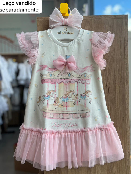 VESTIDO MANGA CURTA TULE STRASS CARROSSEL MENINA PETIT CHERIE - OFF/ROSA