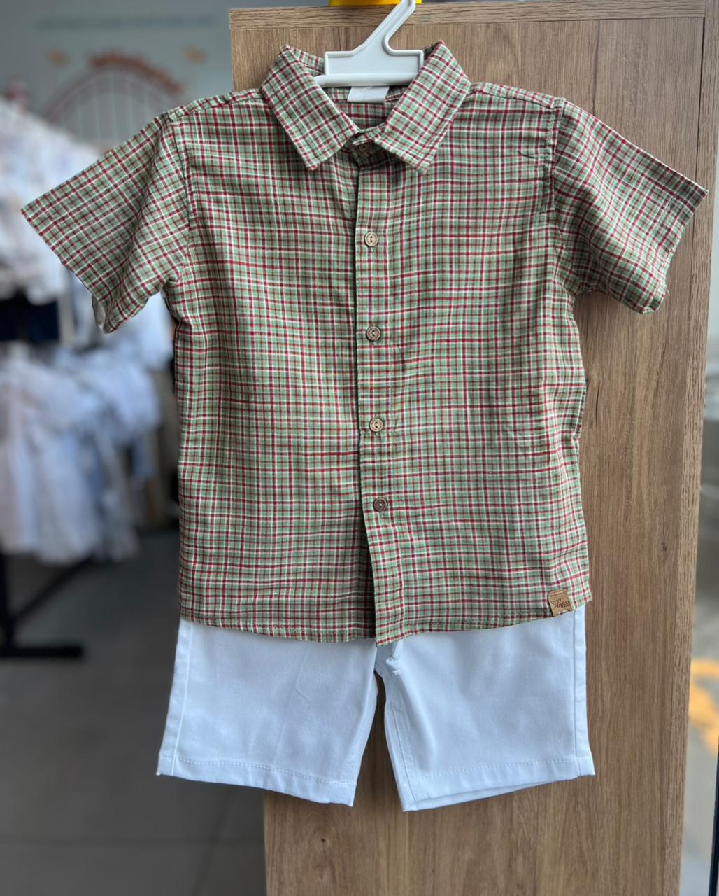 CONJUNTO CAMISA MANGA CURTA XADREZ NATAL E BERMUDA SARJA MENINO ANJOS BABY - VERDE/BRANCO