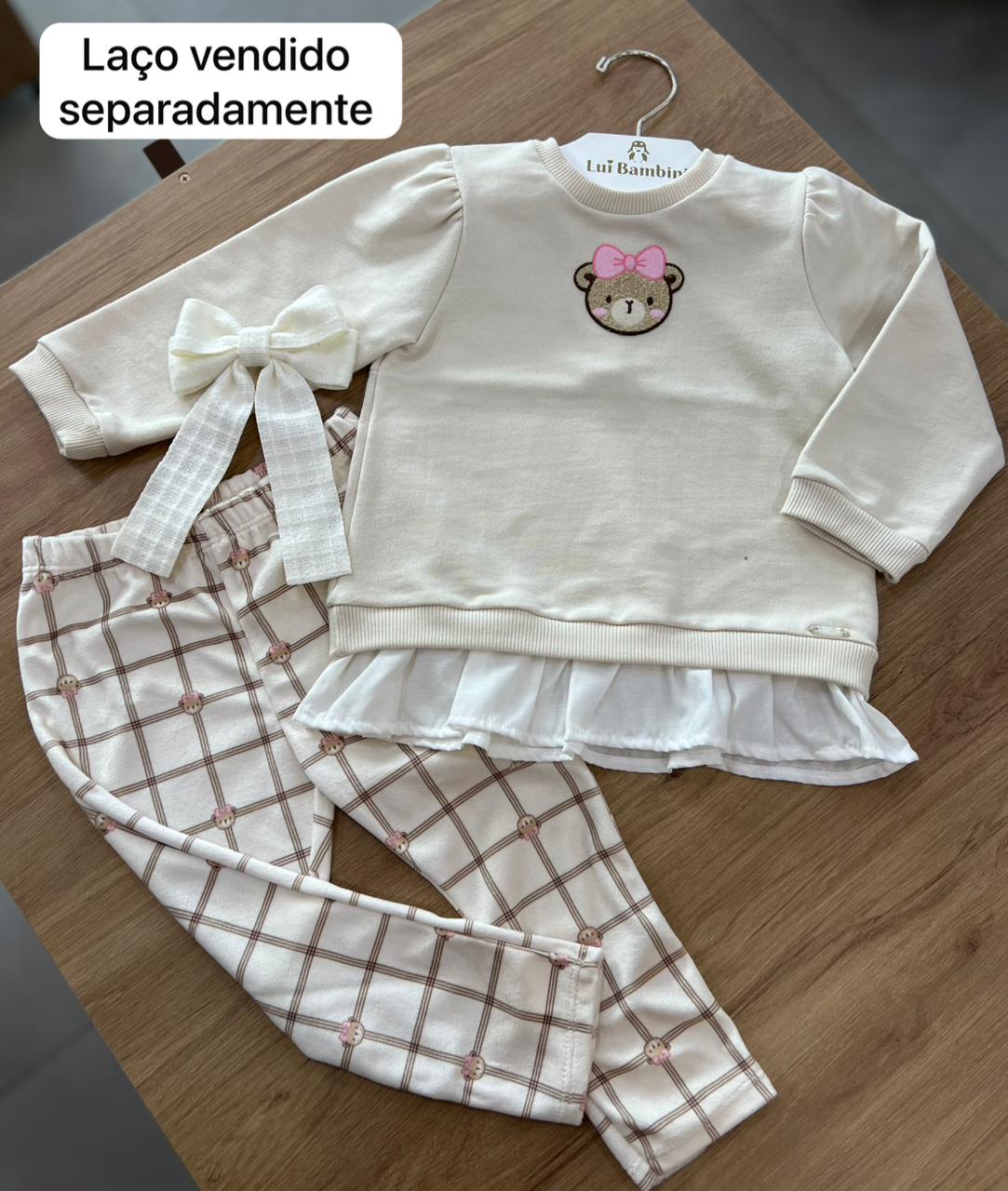 CONJUNTO CASACO MANGA LONGA PATCH URSO E CALÇA MENINA MOMI - BEGE CLARO