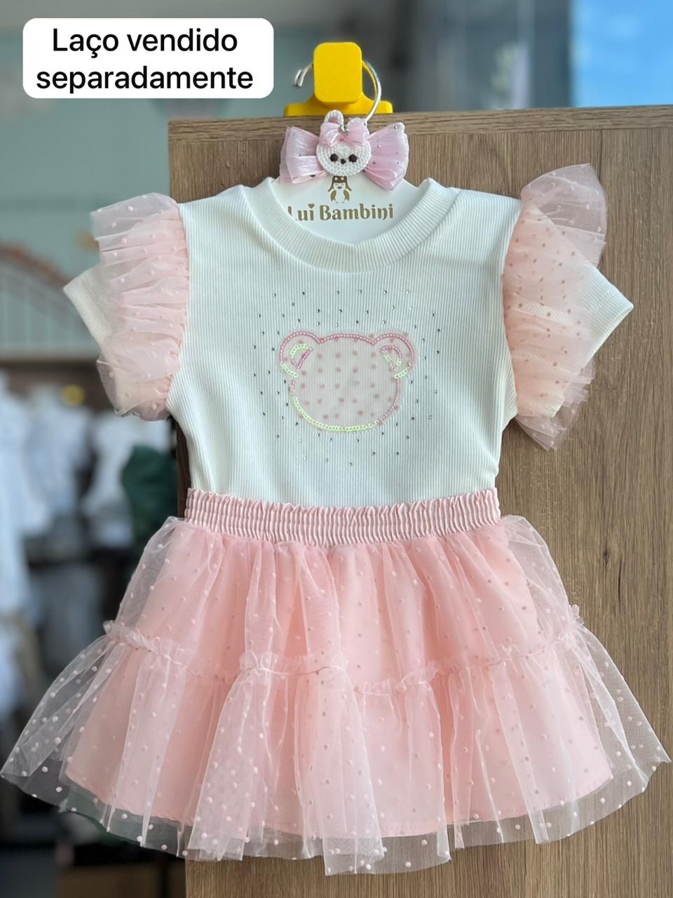 CONJUNTO BLUSA MANGA CURTA CANELADO BABADO TULE POÁ STRASS URSO PAETES E SAIA MENINA PETIT CHERIE - OFF/ROSA