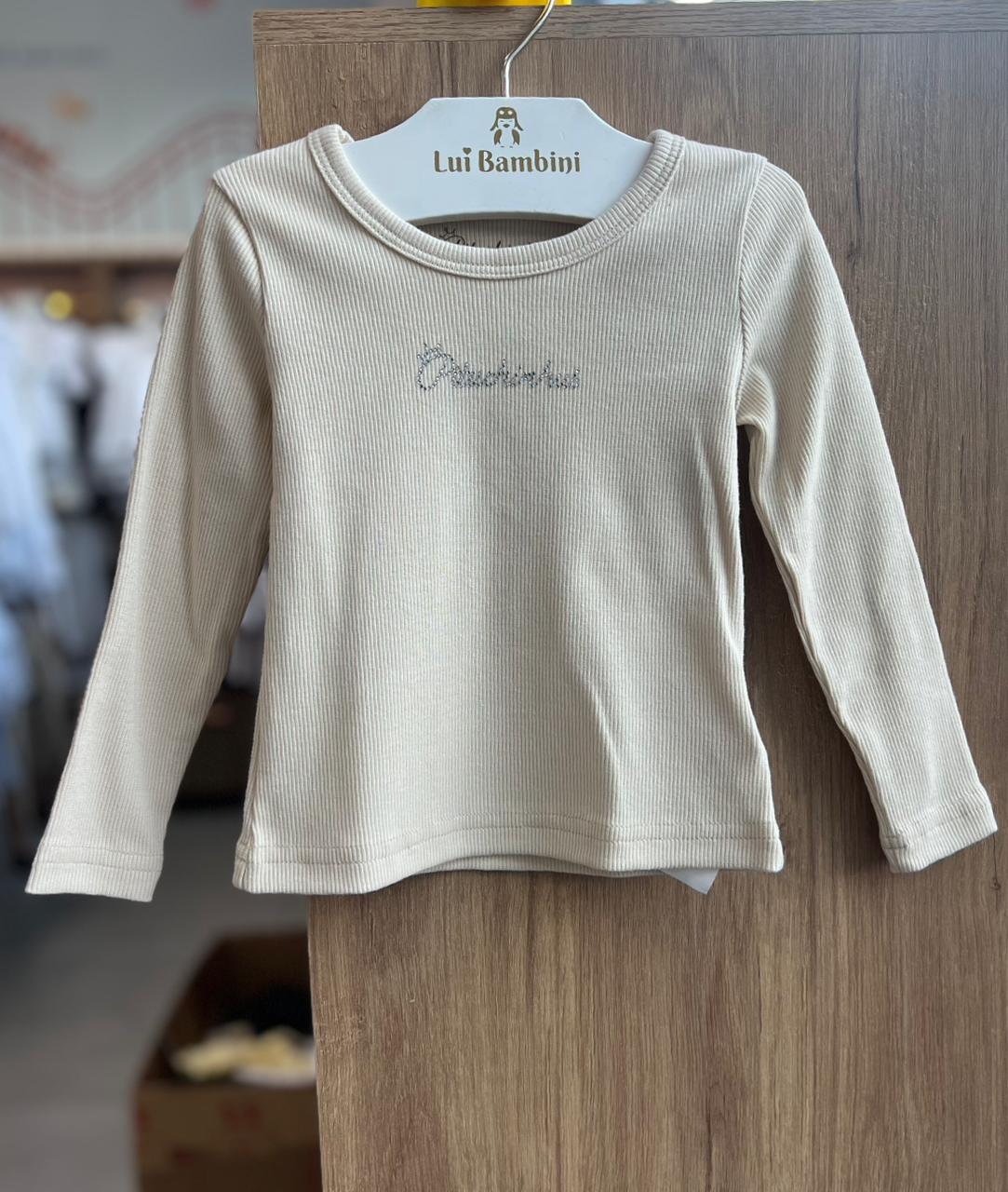 BLUSA MANGA LONGA RIBANA CANELADO NOMENCLATURA STRASS MENINA PITUCHINHUS - BEGE CLARO