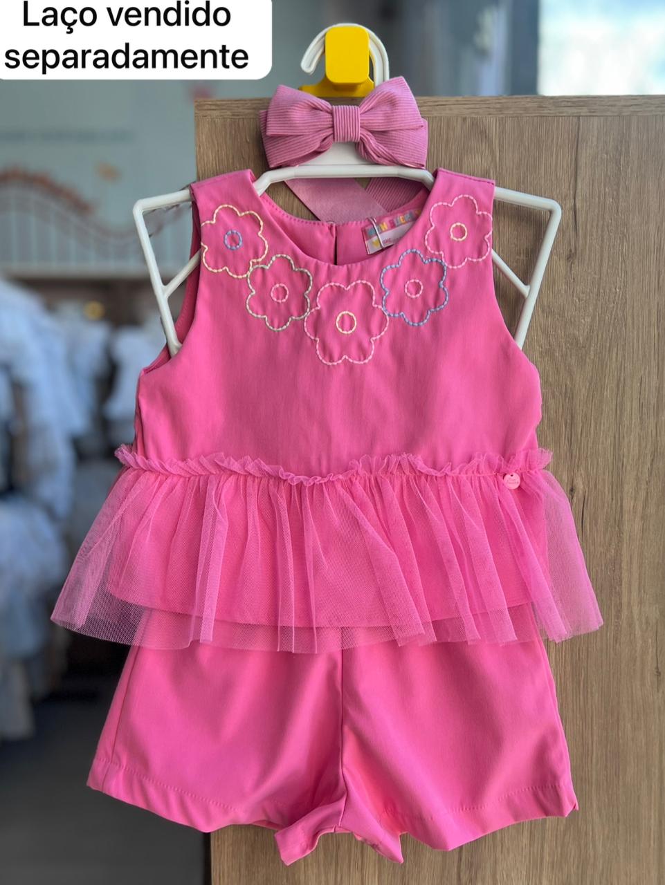 CONJUNTO BLUSA REGATA BORDADO FLOR BABADO TULE E SHORT MENINA MON SUCRÉ - ROSA