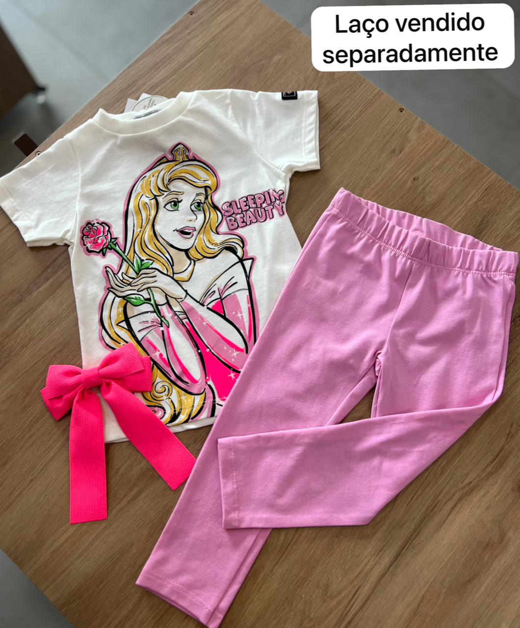 CONJUNTO BLUSA MANGA CURTA BELA ADORMECIDA SLEEPING BEAUTY E CALÇA LEGGING MENINA BIMBI - OFF/ROSA