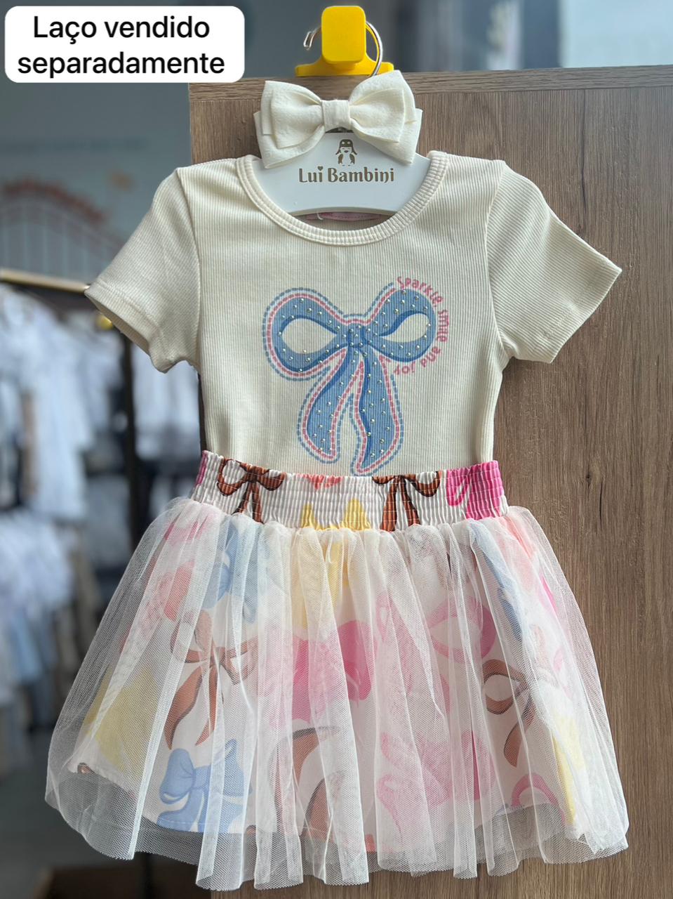 CONJUNTO BLUSA MANGA CURTA LAÇO STRASS CANELADO E SAIA MENINA MON SUCRÉ - BEGE CLARO
