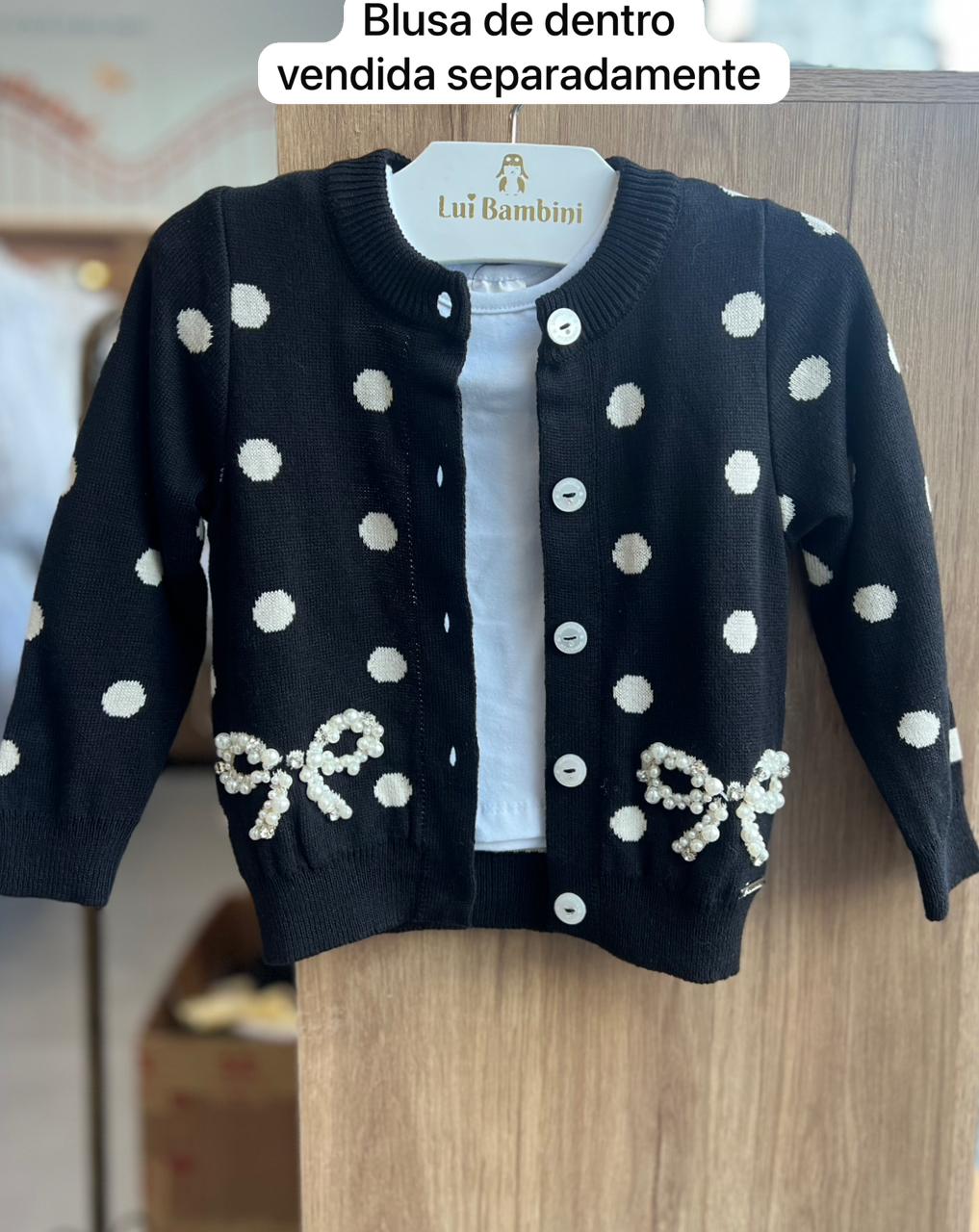 CASACO MANGA LONGA POÁ CASAQUETO CARDIGAN LAÇOS BORDADOS PÉROLAS CRISTAIS MENINA PITUCHINHUS - PRETO