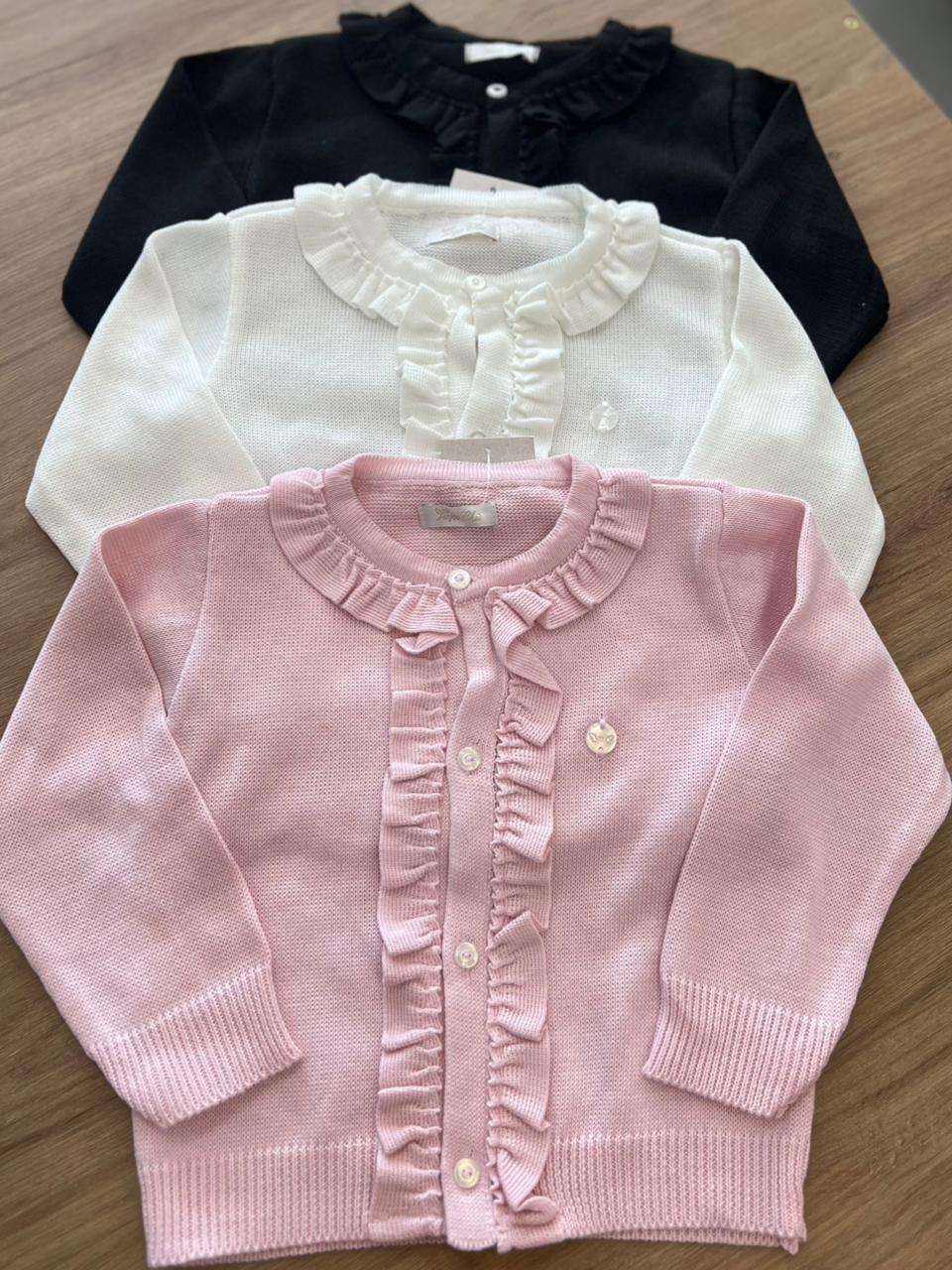 CASACO MANGA LONGA BOTÕES TRICOT TRICO BABADO MENINA ANJOS BABY