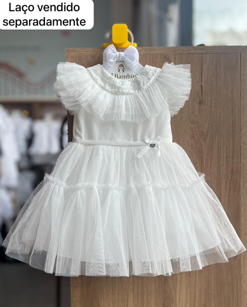 VESTIDO REGATA BABADO TULE BORDADO FITA LAÇO MENINA PETIT CHERIE - OFF