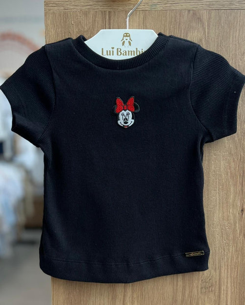 BLUSA MANGA CURTA CANELADA MINNIE MOUSE PATCH MENINA ANIMÊ - PRETO