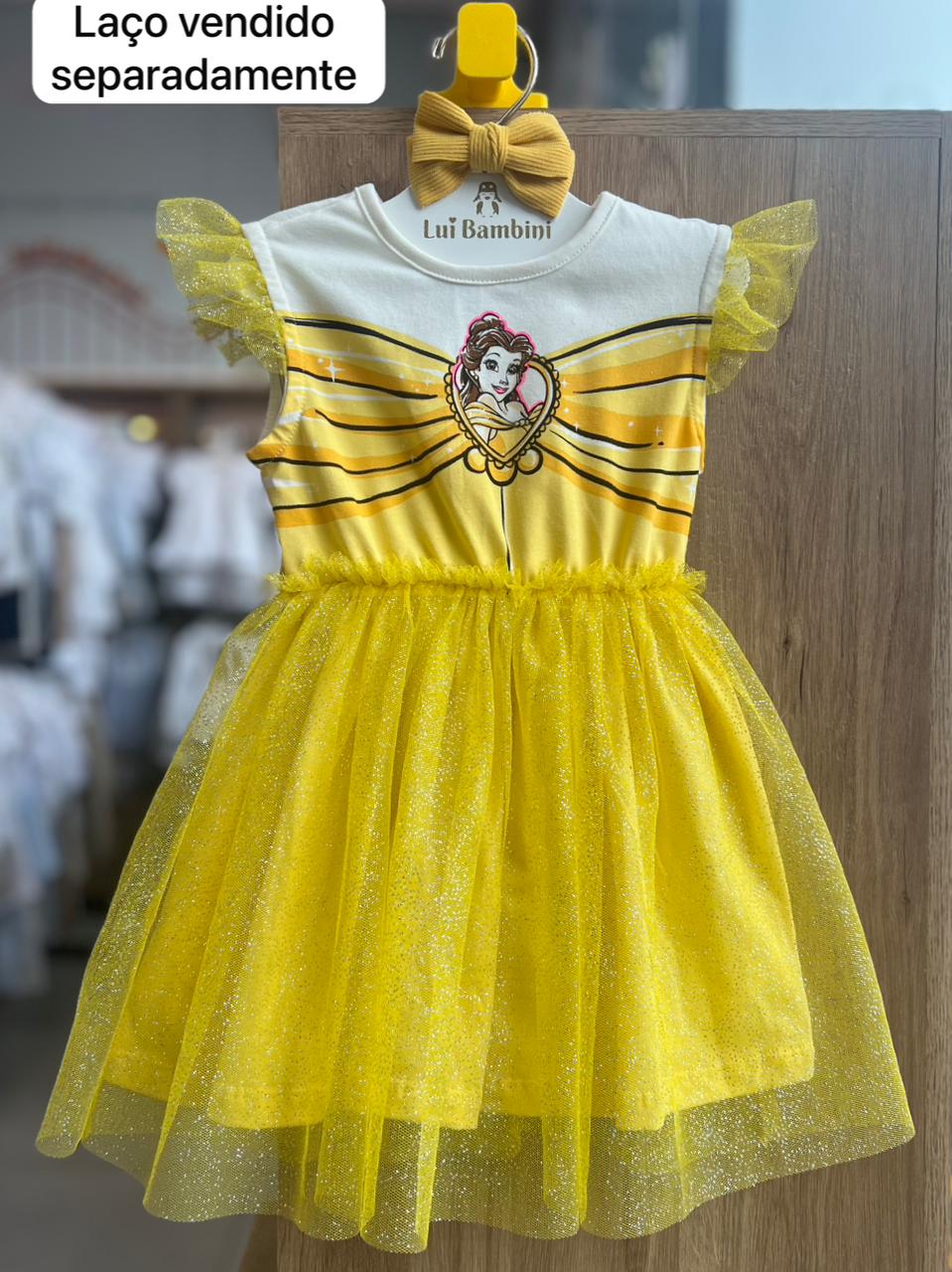 VESTIDO FANTASIA REGATA BABADO TULE GLITTER BELA BELLE MENINA BIMBI - AMARELO